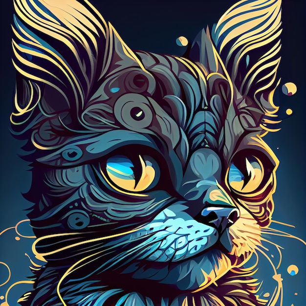 Carino adorabile ritratto di gatto Ritratto di un gatto cartone animato Pittura di illustrazione in stile arte digitale