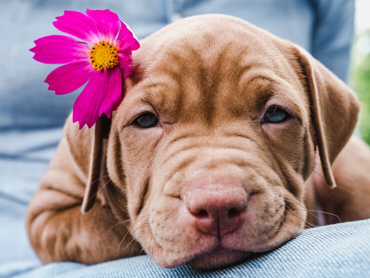 Foto carino, affascinante cucciolo e un fiore luminoso