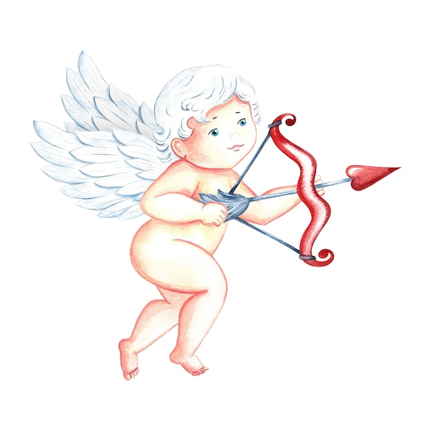 Carino affascinante Cupido con arco e freccia Baby Cupido illustrazione ad acquerello disegnata a mano