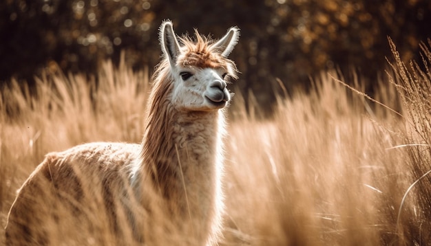 Carino alpaca che pascola nel ritratto di un prato rurale generato dall'intelligenza artificiale