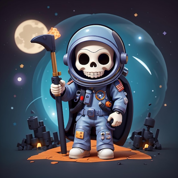 Carino astronauta grim reaper teschio halloween cartone animato vettoriale icona illustrazione scienza vacanza appartamento