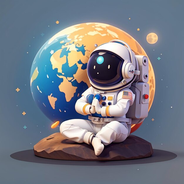 Carino astronauta meditazione yoga con la luna la terra e il pianeta cartone animato icona vettoriale illustrazione scienza