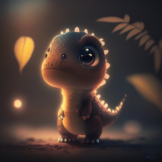 Carino baby dinosauro su sfondo scuro Rendering 3D
