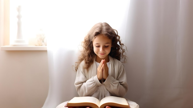 Carino bambina che legge il libro biblico Adorazione a casa AI generato