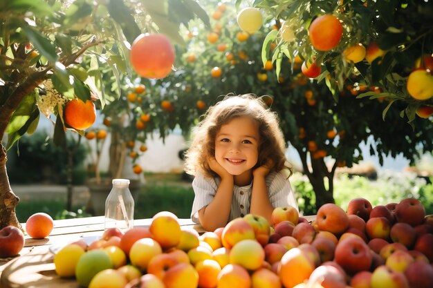 carino bambina raccolta mele in un giardino Divertimento all'aria aperta per i bambini Alimentazione sana