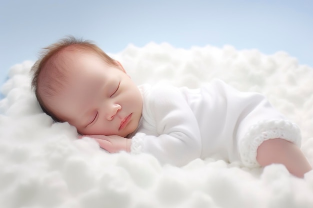 Carino bambino asiatico che dorme dolcemente nella nuvola di cotone