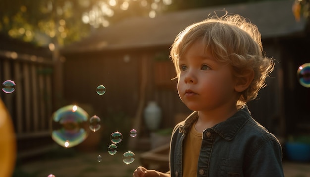 Carino bambino caucasico che soffia bolle in natura generate dall'intelligenza artificiale