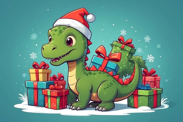 Carino bambino dinosauro trex con regali di Natale personaggio dei cartoni animati Vector illustrazione isolata