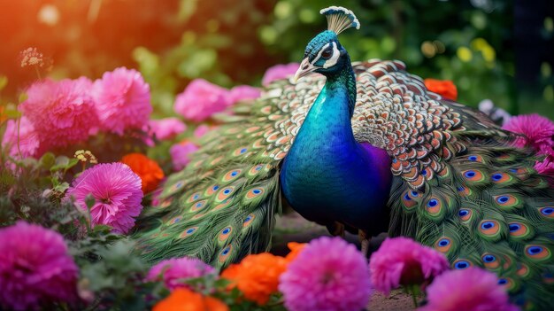 Carino bellissimo pavone in un campo con fiori in natura in raggi rosa soleggiati