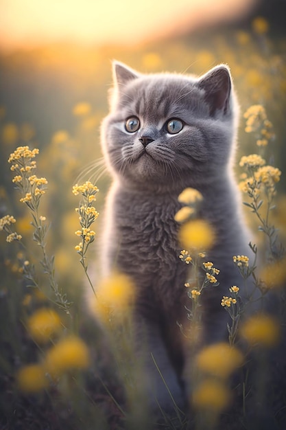 Carino british shorthair gattino in un soleggiato prato di fiori selvaggi IA generativa