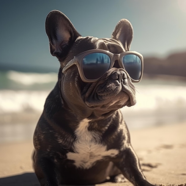 Carino Buldog francese in occhiali da sole su uno sfondo di spiaggia di sabbia dell'oceano IA generativa