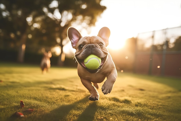 Carino bulldog francese che gioca all'aperto e copia lo spazio