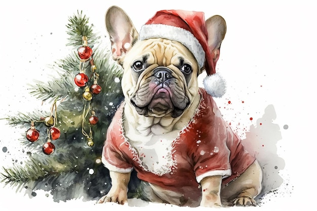 Carino bulldog francese in un costume da babbo natale acquerello pittura generativa ai