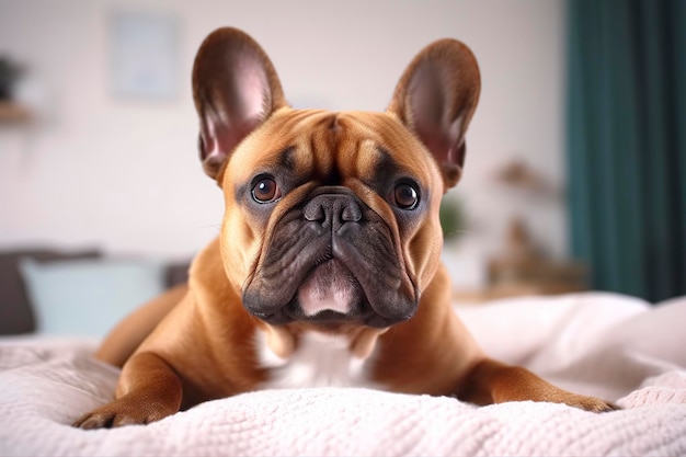 Carino bulldog francese in una camera da letto in primo piano AI Generative