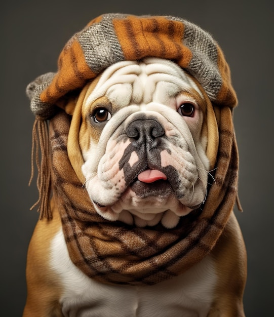 carino bulldog inglese sorridente con una sciarpa su uno sfondo grigio ritratto