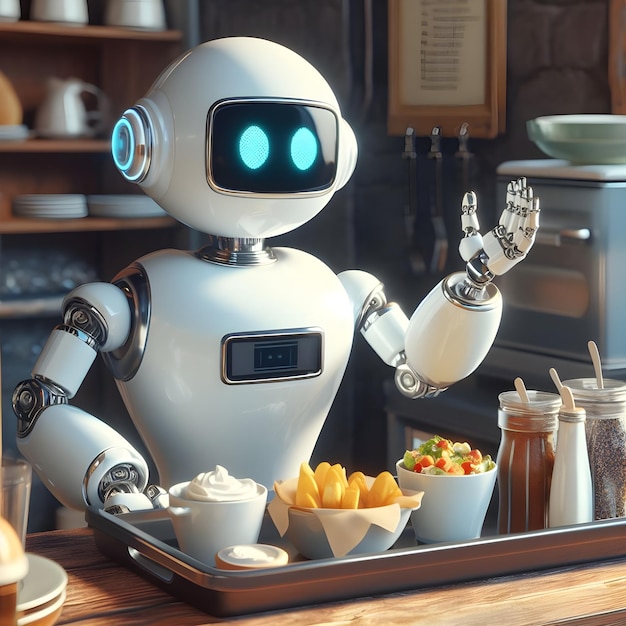 Carino cameriere robot in un ristorante 8k realistico