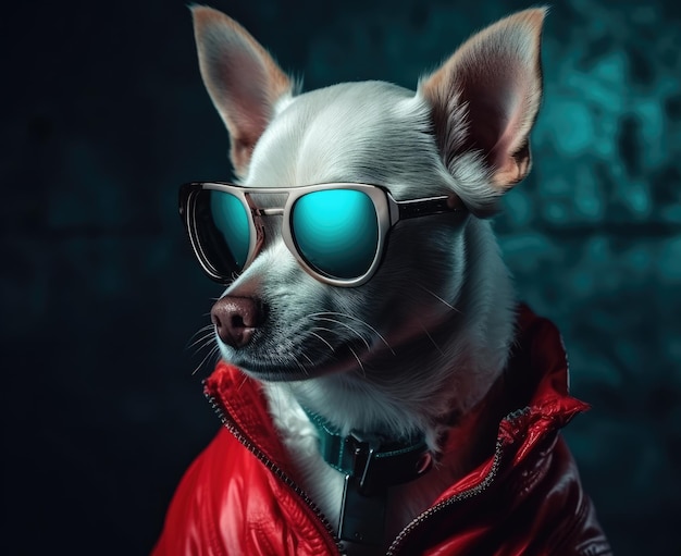 Carino cane Chihuahua con gli occhiali mentre indossa una giacca rossa primo piano estremo IA generativa