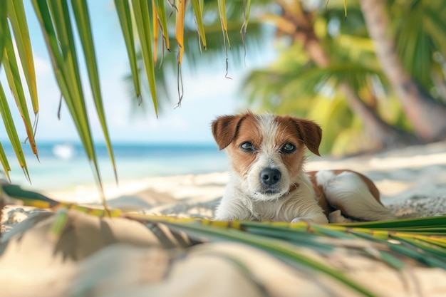 Carino cane Jack Russell in vacanza su una spiaggia con le palme