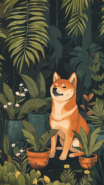 Carino cane shiba inu seduto tra piante tropicali e fiori nella foresta