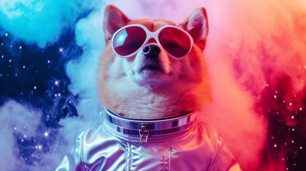 Carino cane spaziale shiba inu vestito in abito da astronauta occhiali da sole in Magical Galaxy Star AI Generative