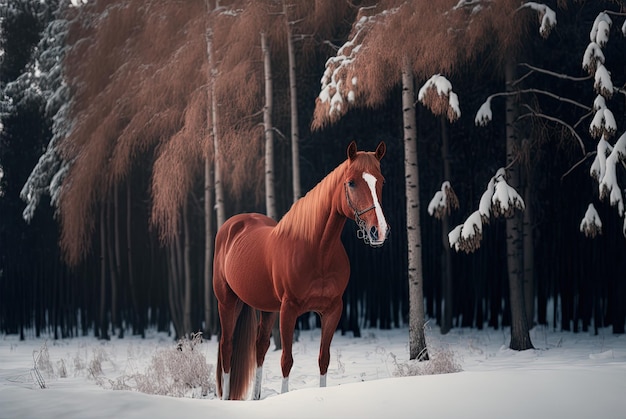 Carino cavallo rosso in mezzo al bosco innevato verticale