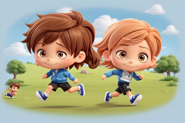 carino chibi ragazzo e ragazza capelli corti con corsa abito sportivo corsa nel parco generato da Ai