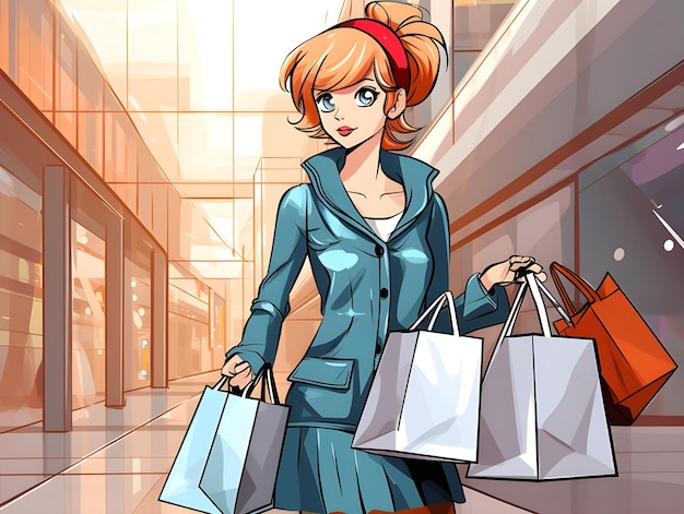 Carino colorato disegno d'arte digitale di una signora che porta borse della spesa in disegno di illustrazione anime