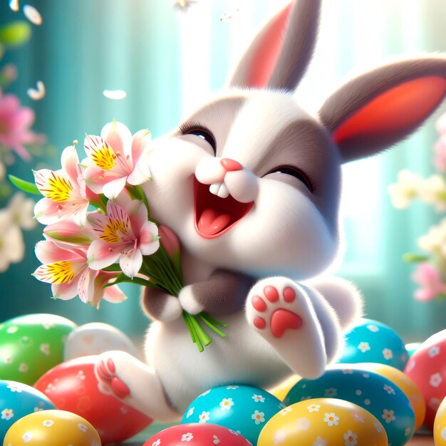 Carino coniglietto di Pasqua che sorride affascinantemente tra uova colorate e fiori primaverili