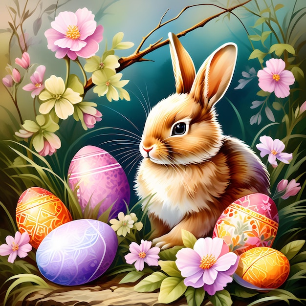 carino coniglietto di Pasqua seduto con uova di Pasqua colorate mentre è seduto all'aperto in natura