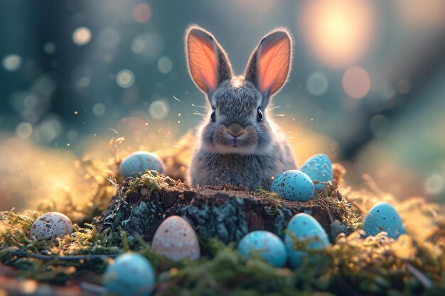 Carino coniglietto di Pasqua seduto su un tronco nella foresta primaverile tra uova di colore pastello