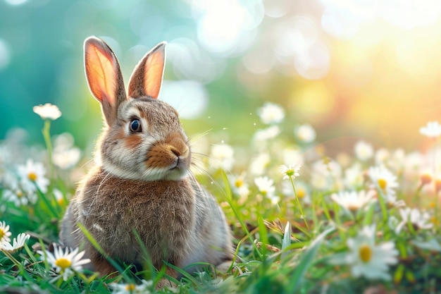 Carino coniglietto di Pasqua su un campo di camomille con un posto per il testo sul lato destro