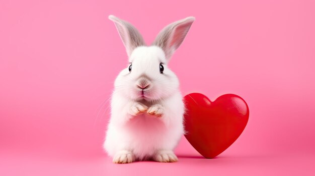 Carino coniglio bianco con cuore rosso su sfondo rosa concetto del giorno di San Valentino