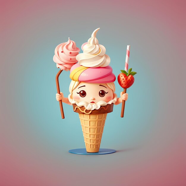 Carino cono di gelato con illustrazione di icona vettoriale di cartoni animati di paglia