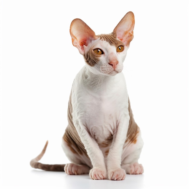 Carino Cornish Rex razza gatto ritratto primo piano isolato su bianco adorabile animale domestico