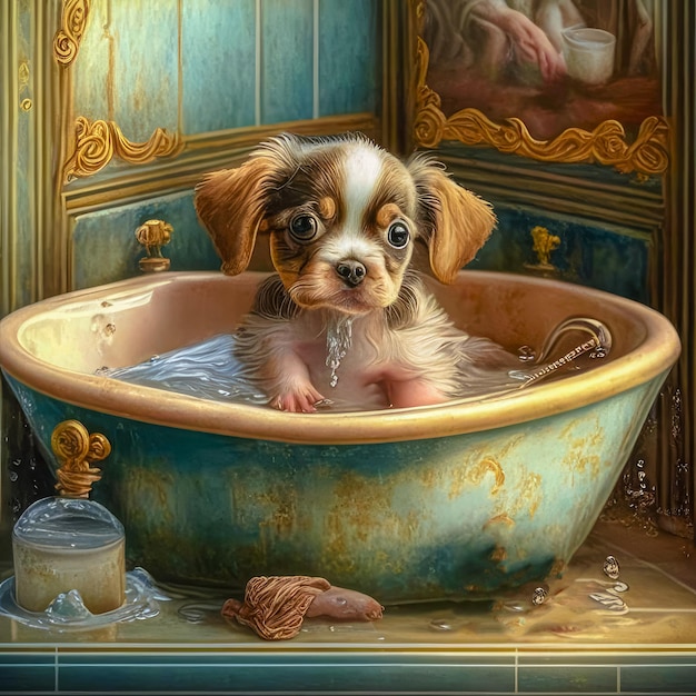 Carino cucciolo allegro che sembra un giocattolo si bagna in una ciotola di schiuma