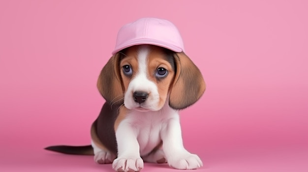carino cucciolo di beagle che indossa un berretto da baseball sullo sfondo rosa