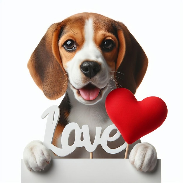 carino cucciolo di beagle con cuore di San Valentino su sfondo bianco