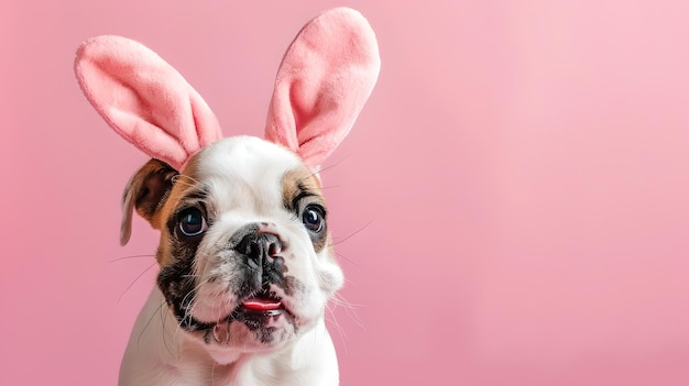 Carino cucciolo di bulldog con orecchie di coniglietto su uno sfondo rosa Perfetto per la Pasqua Ritratto di animali domestici giocosi Fotografia di animali stravaganti AI