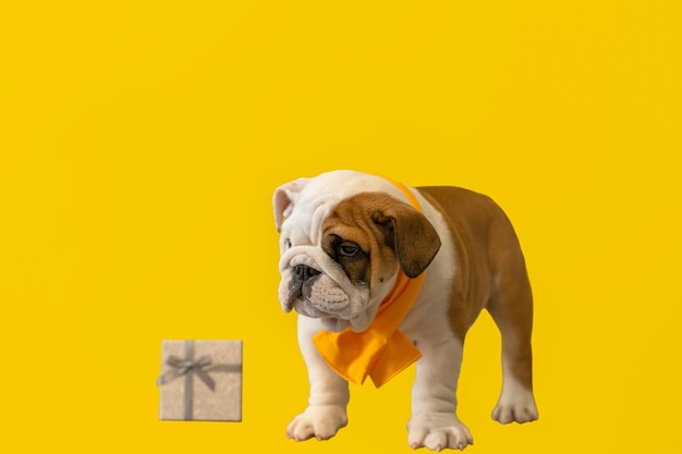 Carino cucciolo di bulldog inglese su sfondo giallo Un cane purosangue Vacanze ed eventi