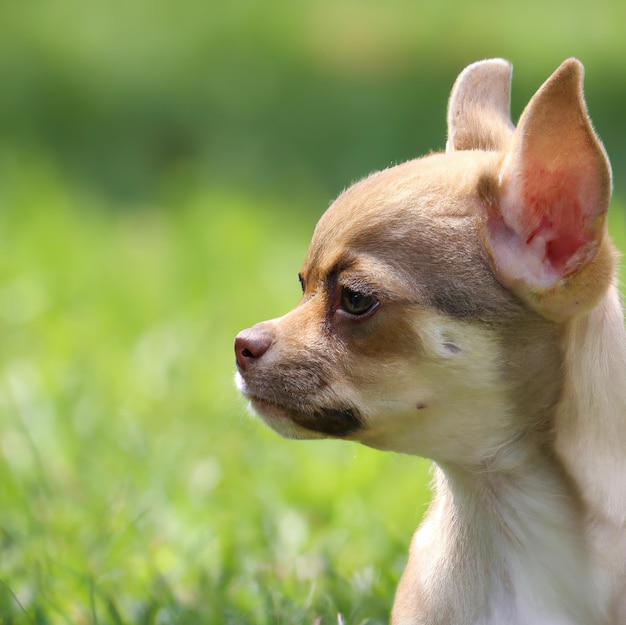 carino cucciolo di cane con erba verde bokeh sfondo foto premium