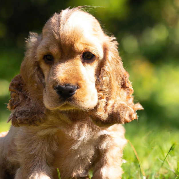 carino cucciolo di cane con erba verde bokeh sfondo foto premium