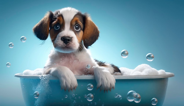 Carino cucciolo di cane nella vasca da bagno pulizia degli animali domestici su sfondo blu Ai generativo