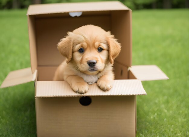 Carino cucciolo di golden retriever in piedi in una scatola di cartone sulla sfocatura della natura verde