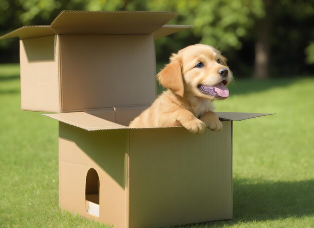 Carino cucciolo di golden retriever in piedi in una scatola di cartone sulla sfocatura della natura verde