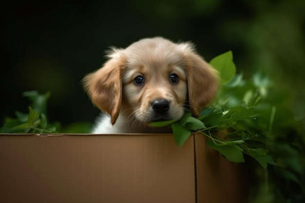 Carino cucciolo di golden retriever in piedi in una scatola di cartone sulla sfocatura della natura verde