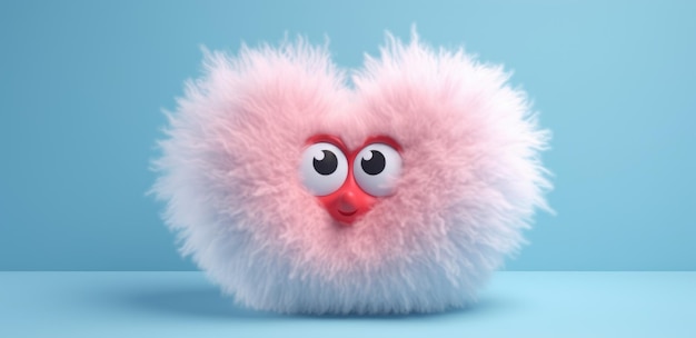 carino cuore peloso fuzzy su uno sfondo monocromatico con emozione Cartoon cuore con grandi occhi realistici sfumature rosa