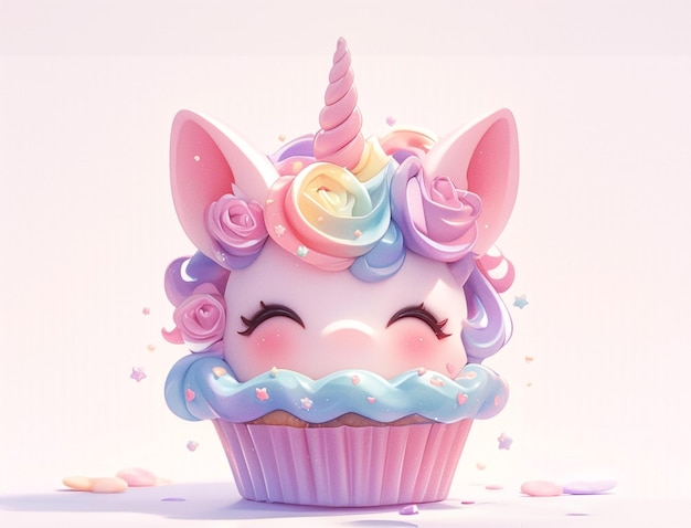 Carino disegno di cupcake di unicorno su carta di auguri a sfondo pastello