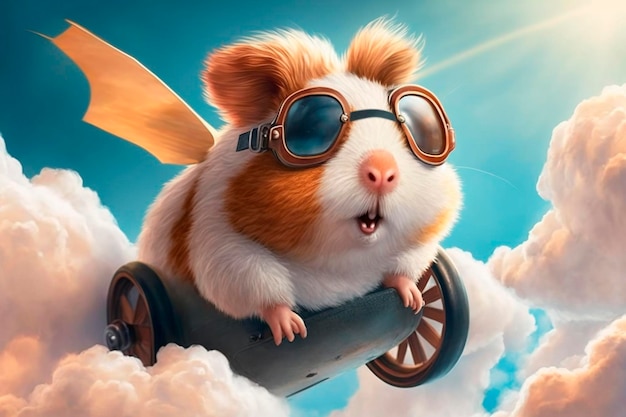 Carino divertente illustrazione di cavia volante nel mondo fantastico con nuvole e cielo blu