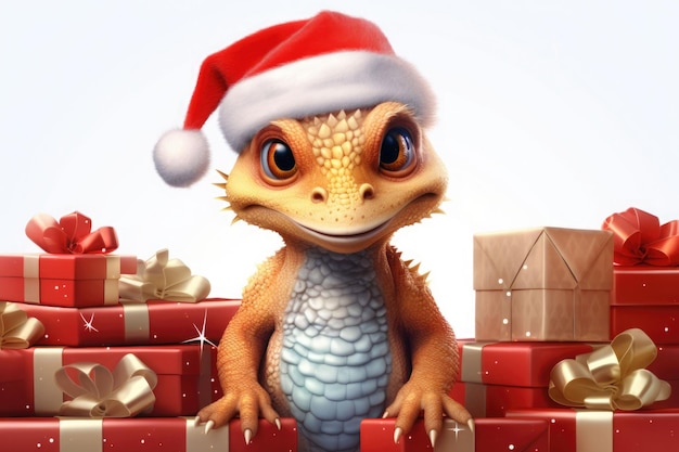Carino drago realistico in un cappello di Natale con confezioni regalo Il simbolo del nuovo anno AI generato