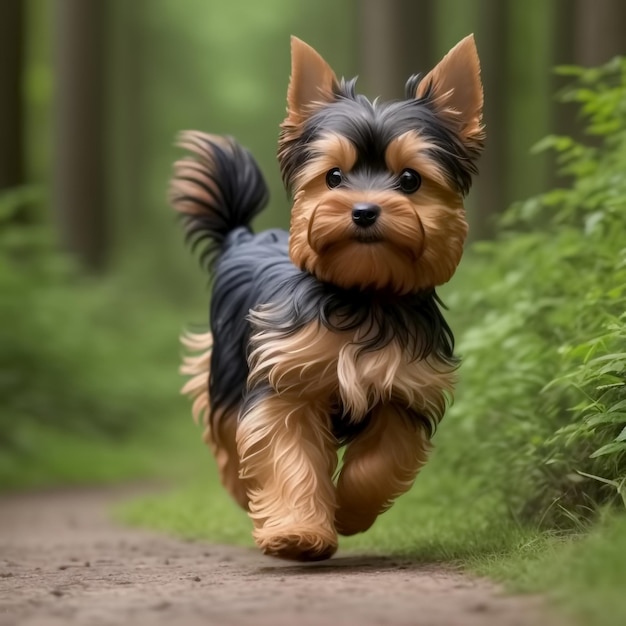 Carino e adorabile piccolo Yorkshire terrier che attraversa la foresta Generative AI